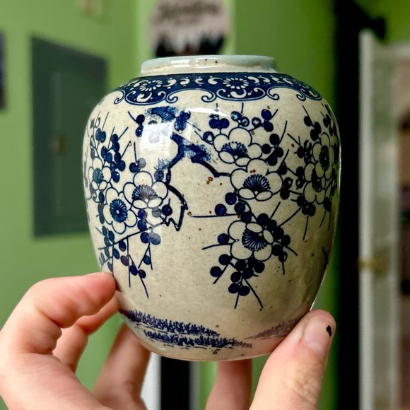 Other - Vintage Navy Floral Pottery Oriental Mini Indoor Planter Vase Home Decor Accent